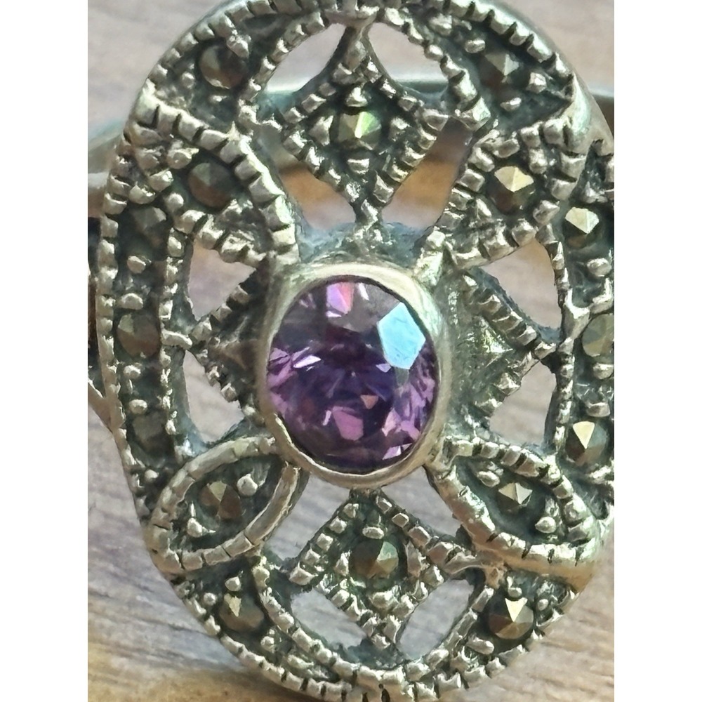 VINTAGE AMETHYST W/ MARCASITE ORNATE OPEN WORK STERLING SILVER 925 RING Sz 7.75 - Picture 2 of 8